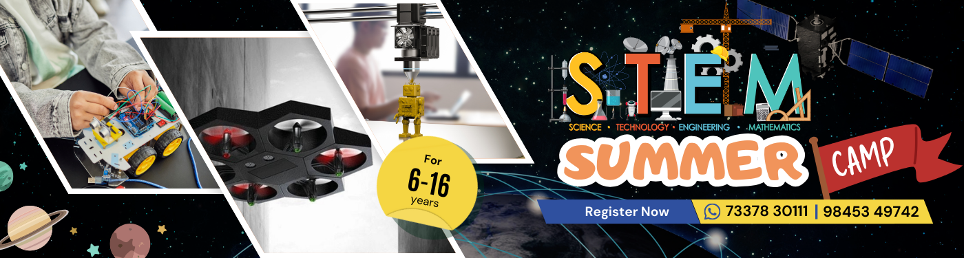 STEM summer camp for kids aged 6-16, featuring hands-on activities like robotics, drone building, 3D printing, and circuit design to inspire learning in science, technology, engineering, and math.